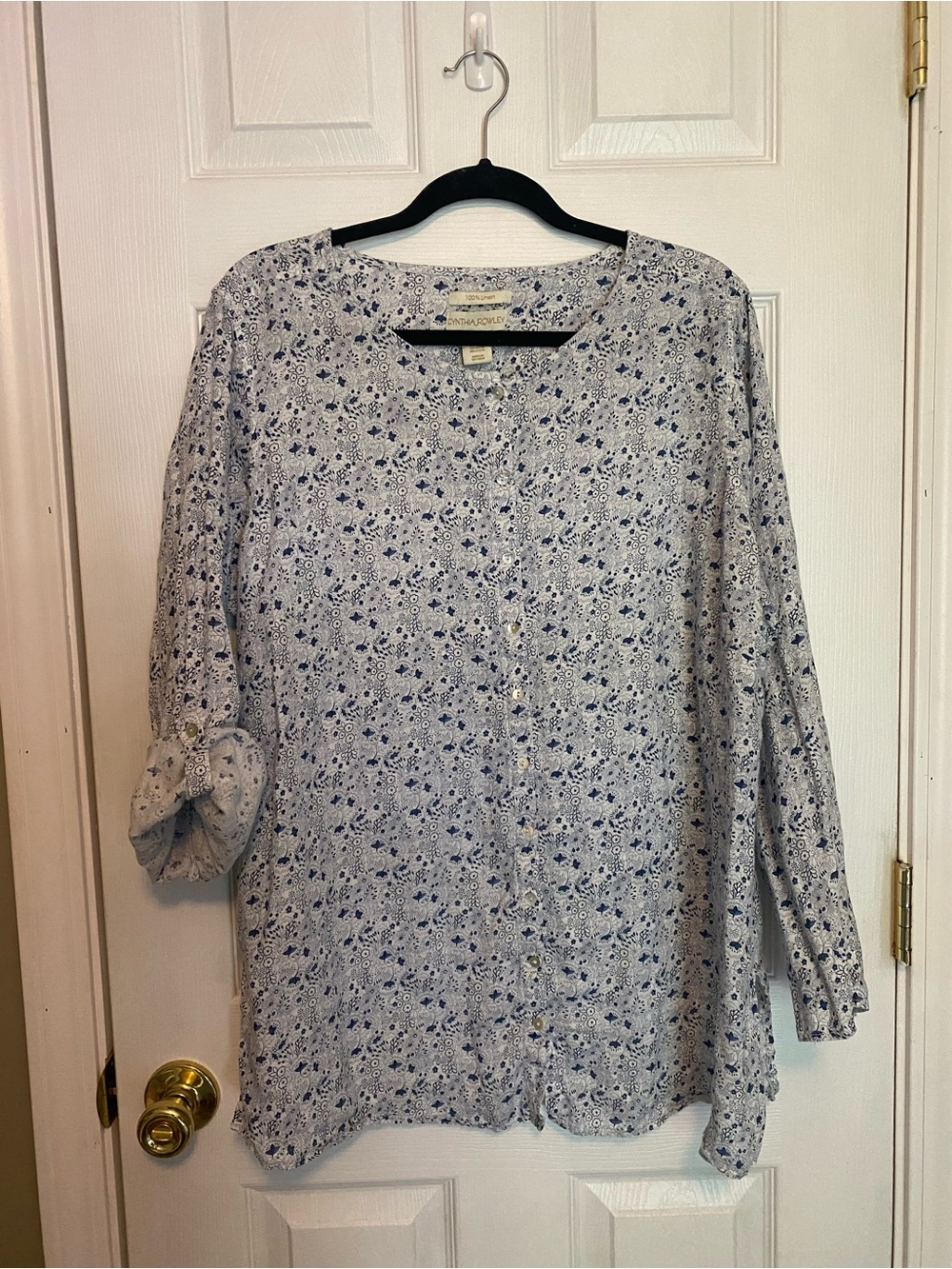 100% Linen Cynthia Rowley Light Blue Floral Button-Down Shirt 2 X